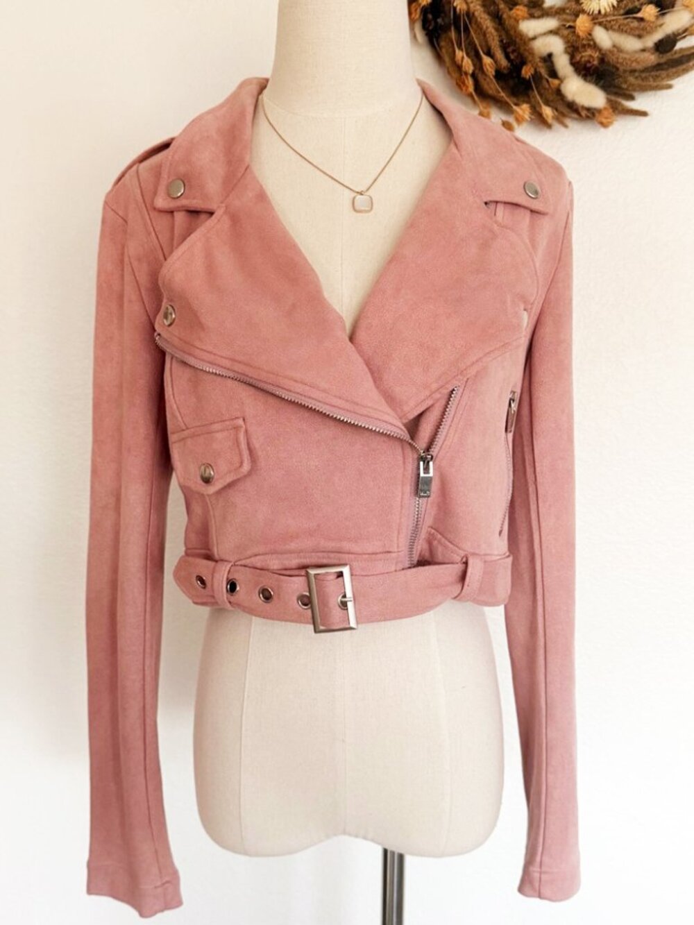 💗 NWOT Dusty Rose Pink Faux Suede Belted Moto Biker Jacket